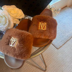 MCM Faux Fur Logo Slide/Sandals